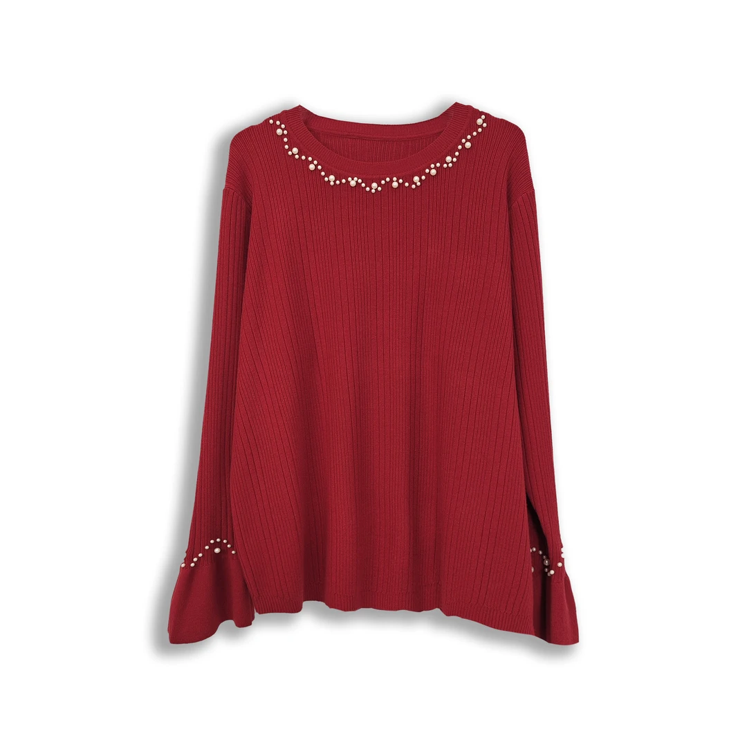 微胖女装【颜如玉】珍珠装饰喇叭袖毛衣秋冬百搭新款套头上衣3567