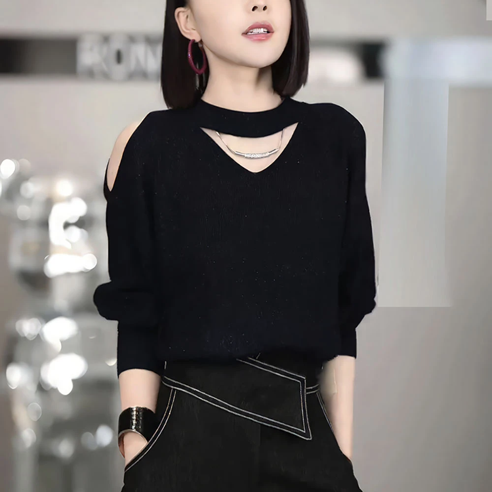 露肩镂空针织衫女早秋新款高级感修身显瘦洋气减龄内搭打底衫上衣