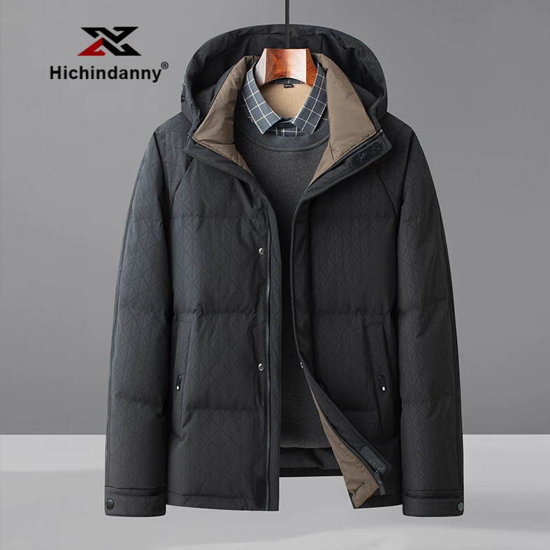 HICHIN运动羽绒服男士冬季短款连帽加厚保暖白鸭绒外套石墨烯内里