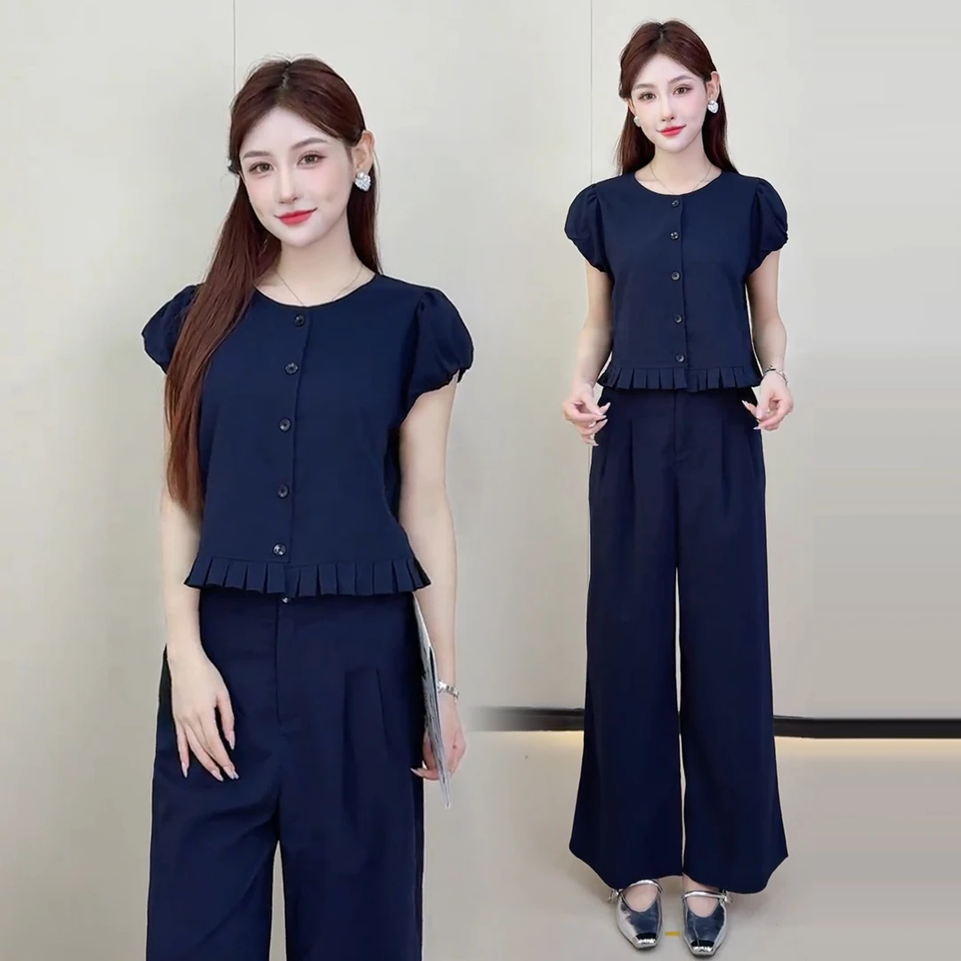 法式时尚套装女2025夏季新款洋气荷叶边短袖上衣阔腿裤减龄两件套