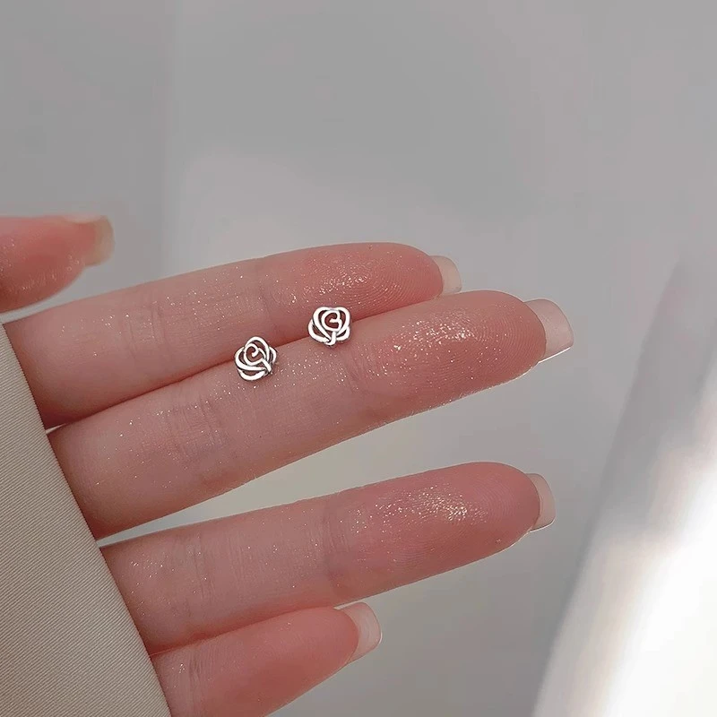 足银耳饰 轻奢高级感玫瑰花耳钉9999银针简约小众设计感精致小巧