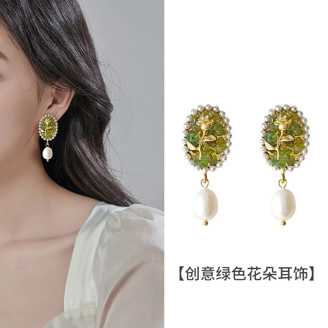 纯铜耳饰 28 绿色女植物花卉法式日韩耳钉饰品优雅温柔复古清新