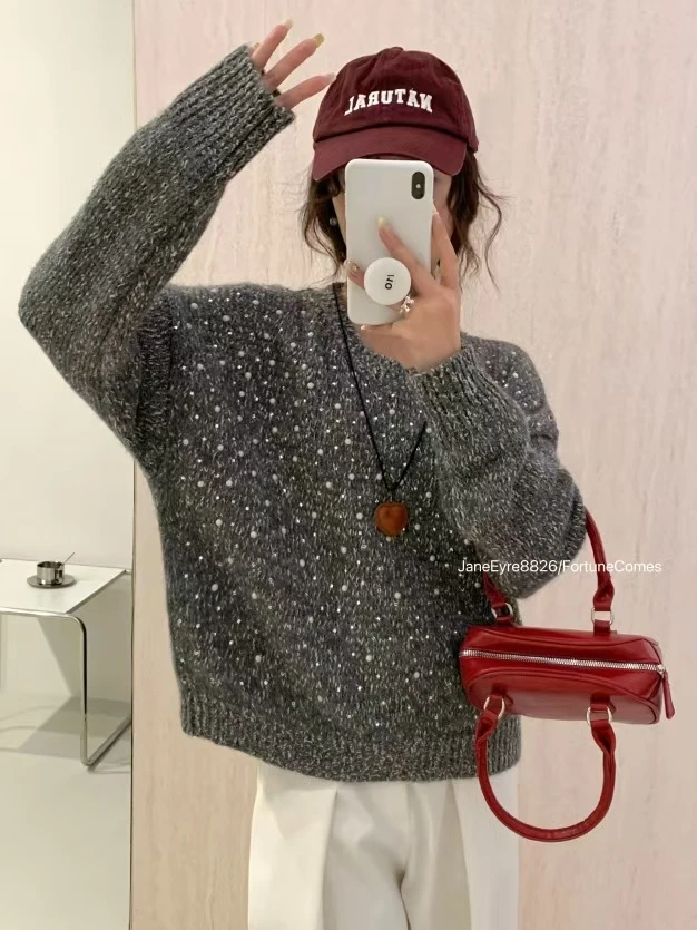 妮子严选法式重工珍珠亮片时尚百搭针织衫圆领长袖毛衣8826