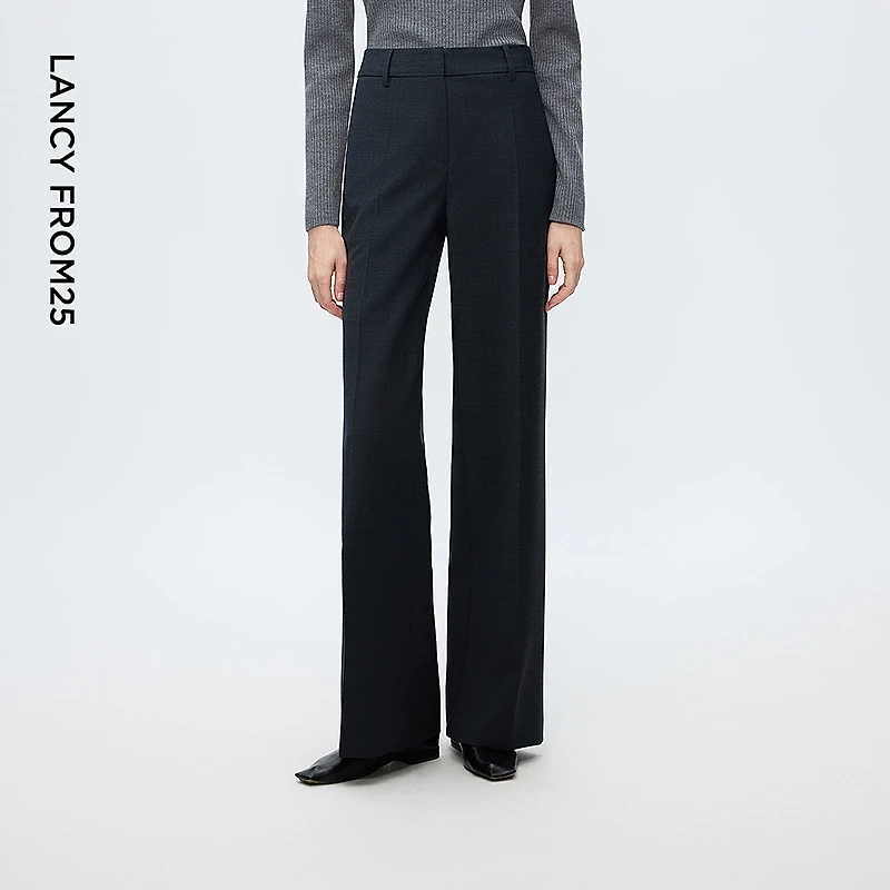 朗姿深灰色直筒裤腿羊毛西装裤女压褶通勤风西服裤2025年冬季新款