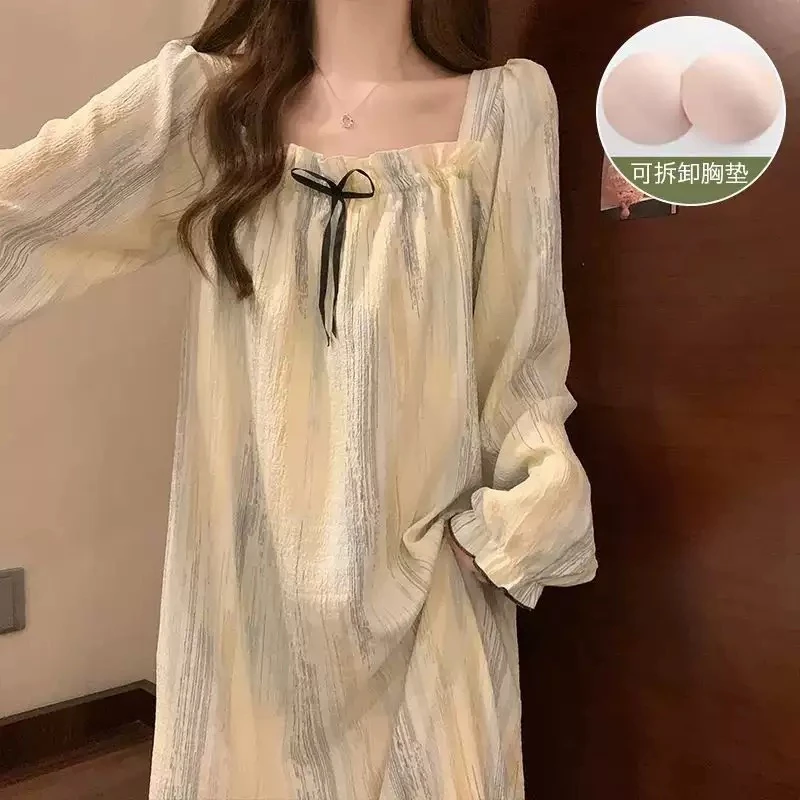 甜美秋季长袖女公主风睡裙薄款宽松胸垫网红