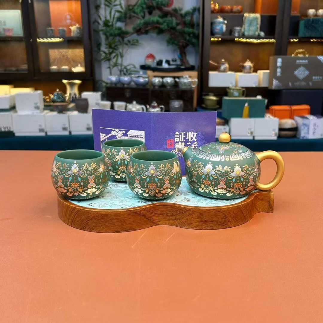 ZH4089-绿泥紫砂金银错西施壶一壶三杯+葫芦小茶盘+茶席