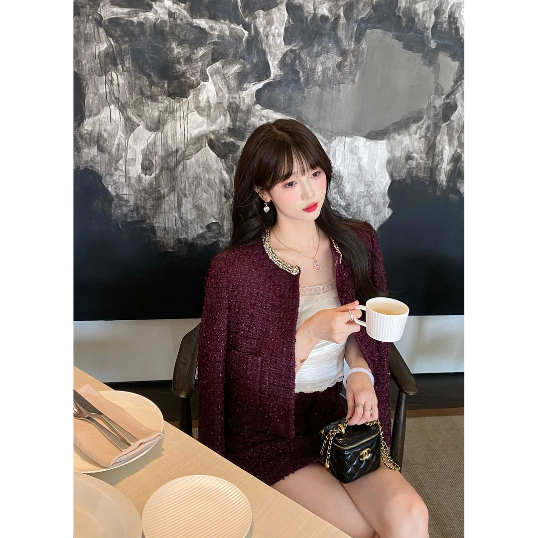 GA盈瓷新中式「晚宴千金」轻奢款桔梗紫小香风半裙套装 24FW0565