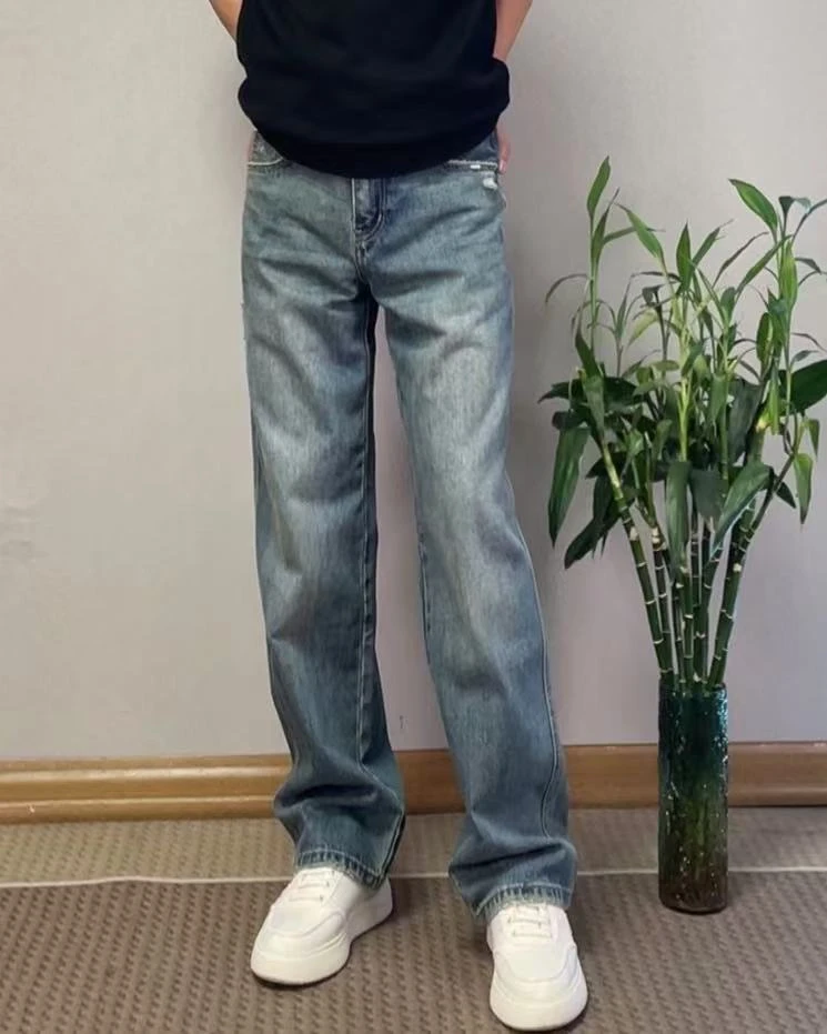 男士牛仔裤直筒中腰休闲宽松春秋水洗做旧微宽松阔腿长裤复古显瘦