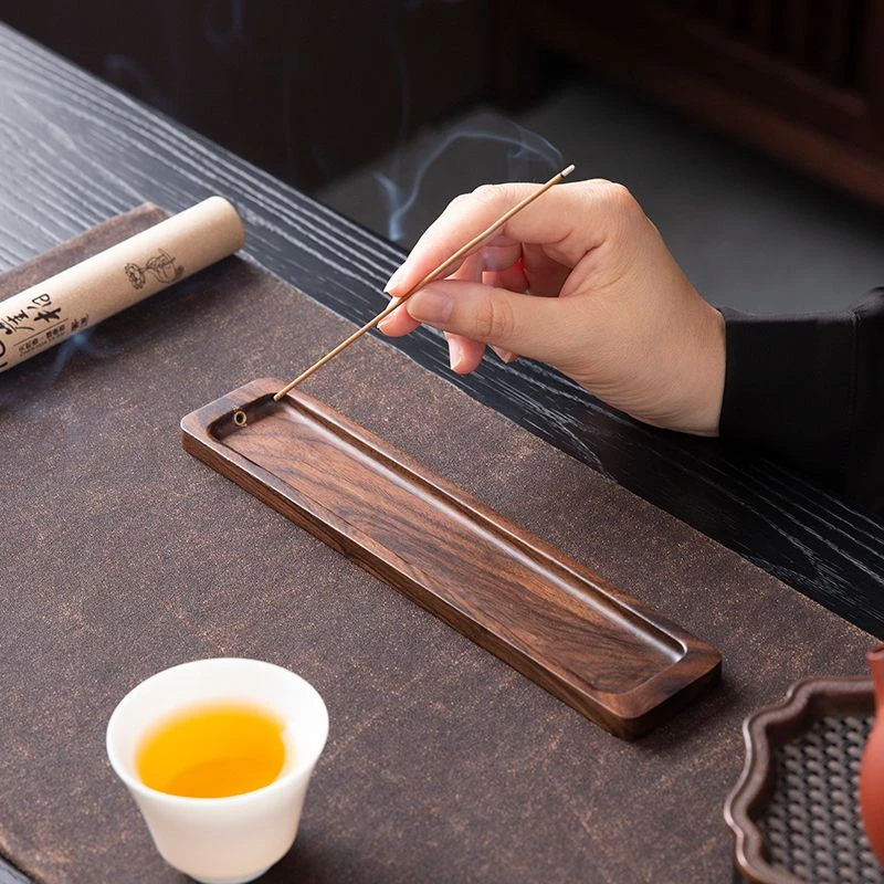 黑胡桃木线香家用熏香插手工茶道长形香炉香底座沉香盘托茶室轻奢