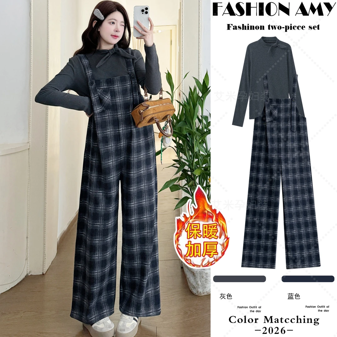 孕妇套装秋冬新款时尚显瘦蝴蝶结针织上衣休闲加绒加厚格子背带裤