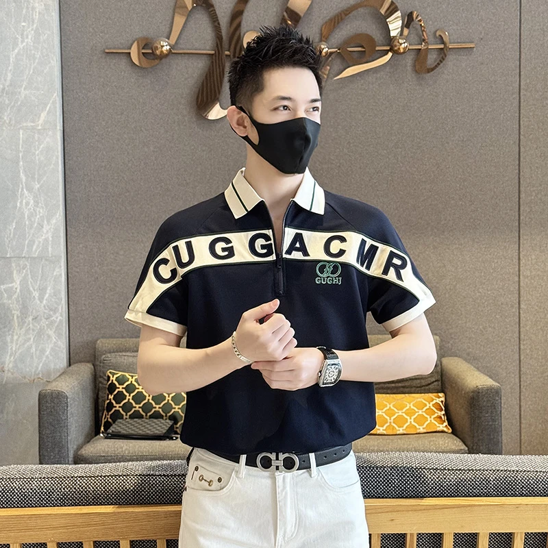 2025夏季男士轻奢潮流织带拼接拉链POLO衫男时尚休闲百搭宽松短袖