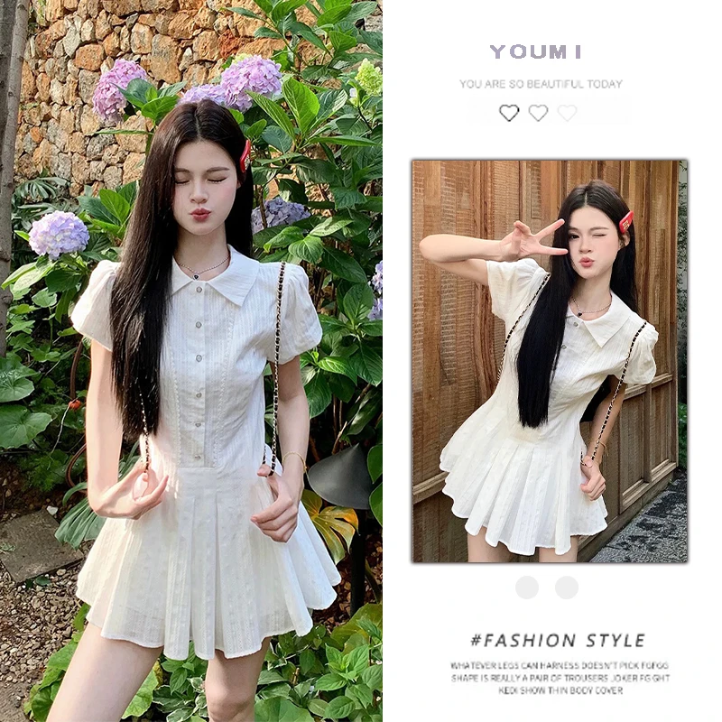 2025新款连衣裙少女风学院风时尚套装上衣百褶裙夏季短款法式衬衫