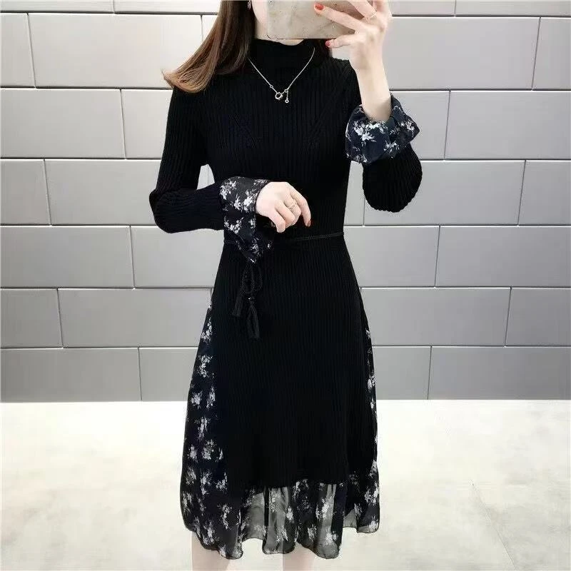 秋冬雪纺拼接加厚针织长袖修身长款显瘦女过膝打底连衣裙