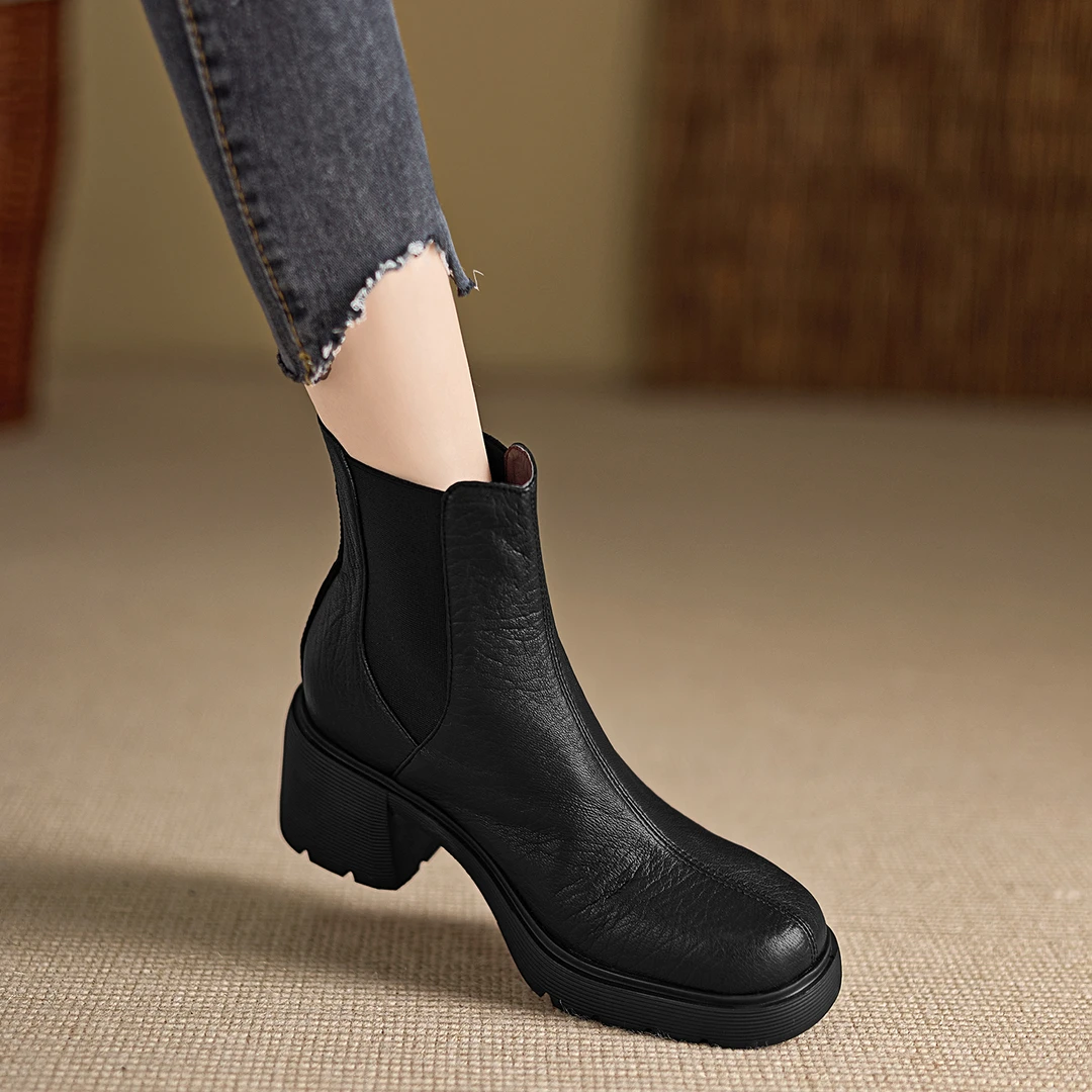 不累脚手工女鞋6.5cm~粗跟短靴圆头厚底马丁靴百搭烟筒靴冬季加绒