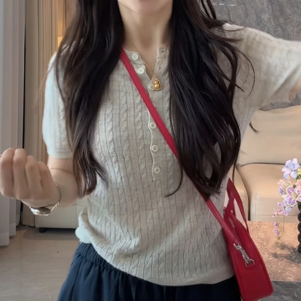 “松弛高知”2025新短袖质感满分纯色针织衫女薄款夏季上衣复古9189
