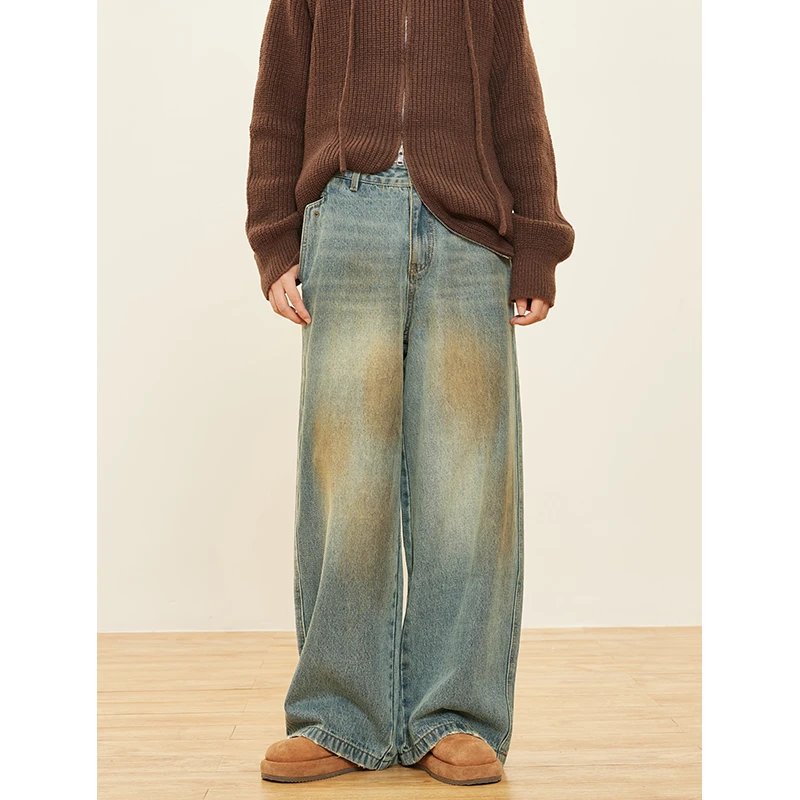 hothorse/火山马KZ09060新款复古水洗高腰直筒拖地百搭牛仔阔腿裤