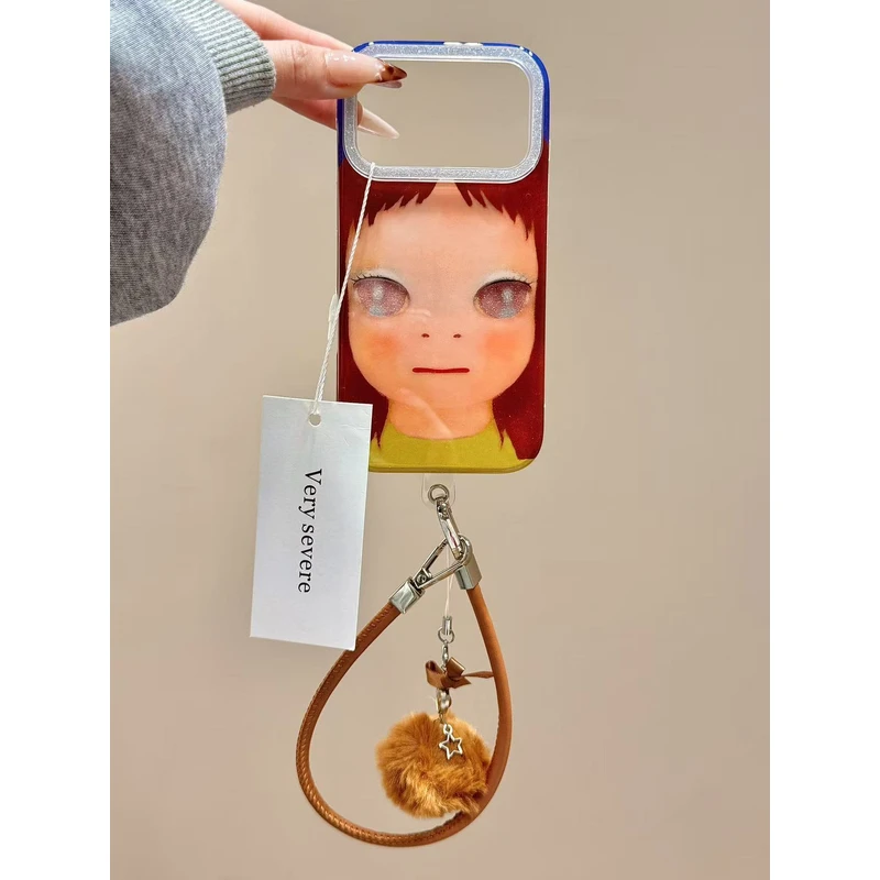 大脸闪粉眼睛棕发女孩手拎绳适用苹果17promax手机壳15iphone16