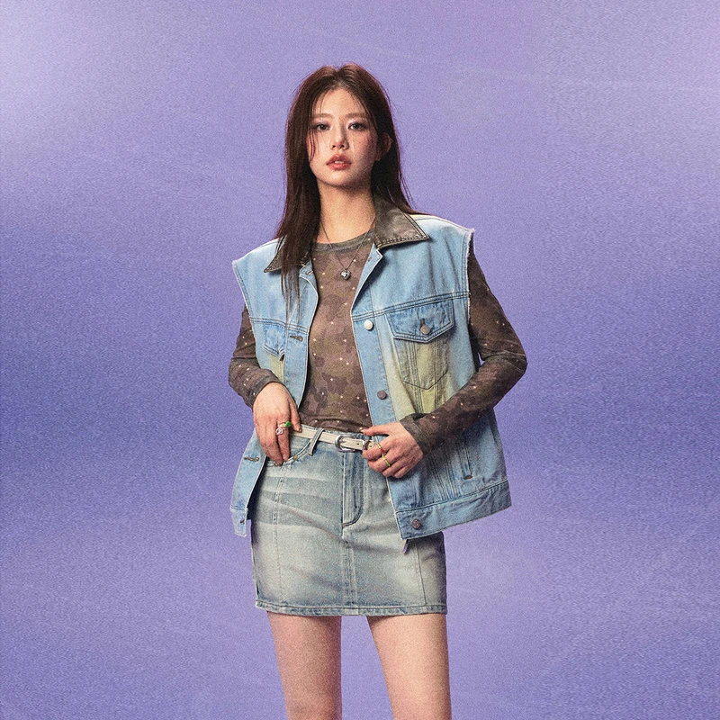 C001W【金拐子专属】CHUU毛边撞色设计复古做旧辣妹马夹-F