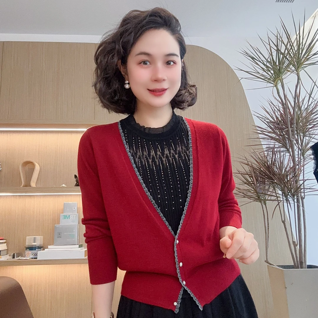 长袖V领菱形蕾丝针织假两件春日新款#DQ6305