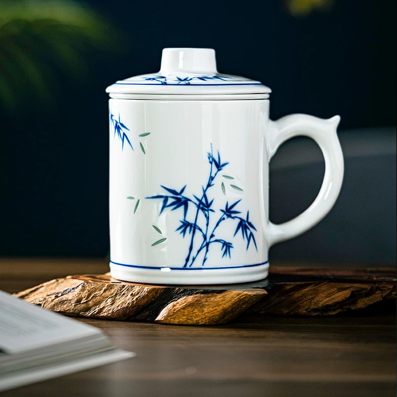 景德镇官方旗舰店高温陶瓷釉下玲珑青花办公马克杯茶漏杯节节高升