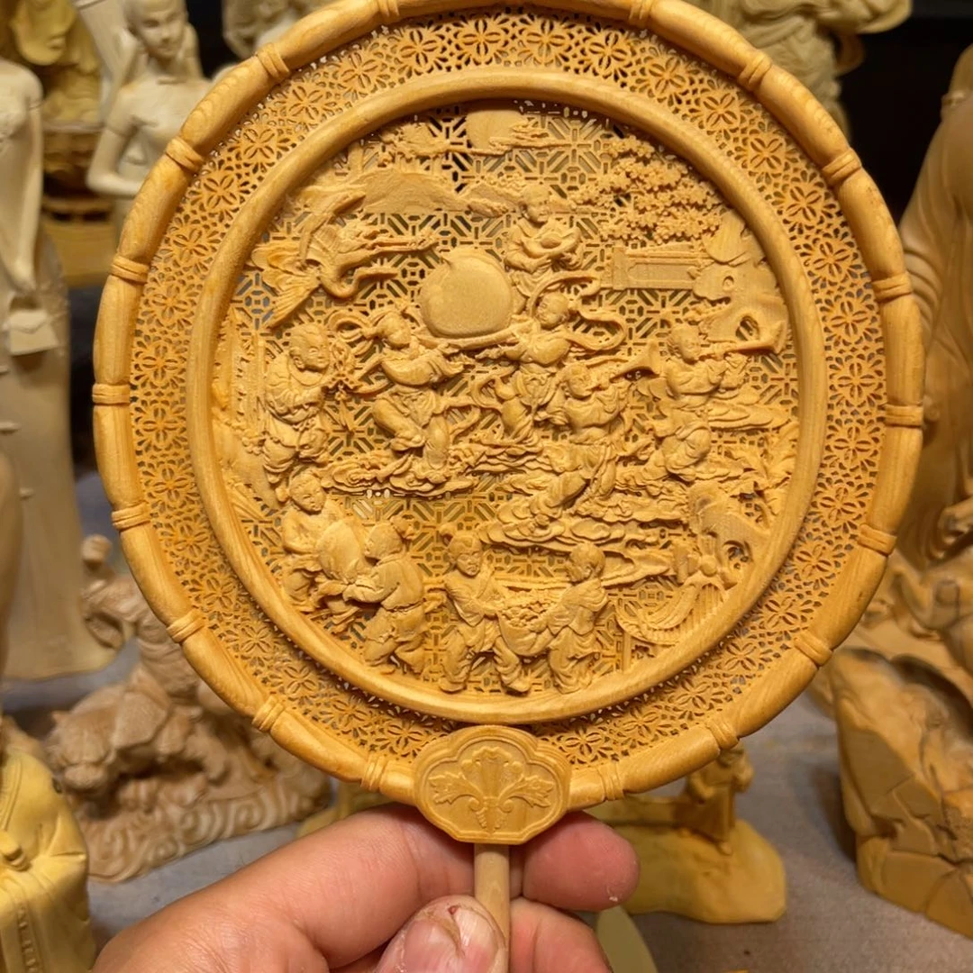 黄杨木百子图扇子