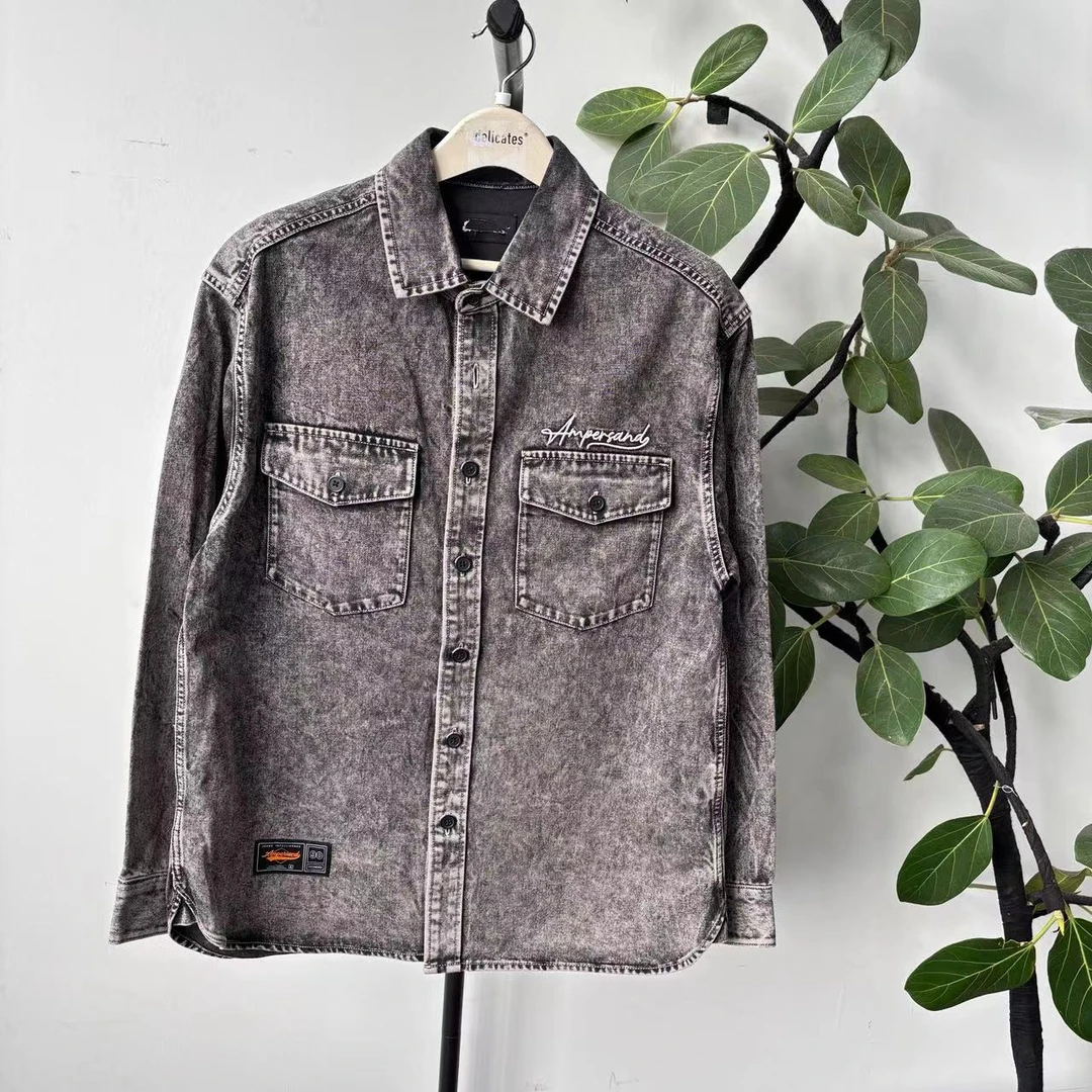 S-38潮牌春秋季男款灰色翻领满印水洗牛仔夹克外套 N0013