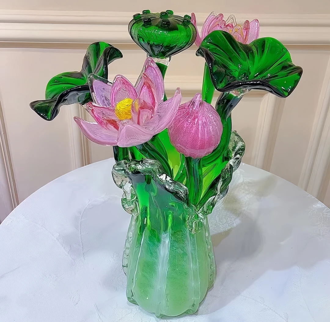 淄博纯手工夜光琉璃荷花“好运连连”幸福美满，家居摆件