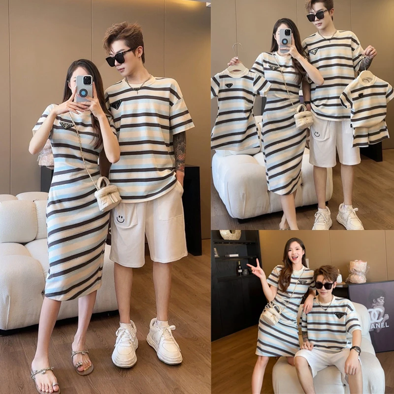 新款高端亲子装夏季一家三口四口母子母女短袖T恤条纹简约连衣裙