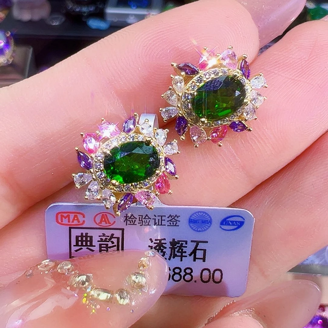 耳钉透辉石银S925镶嵌