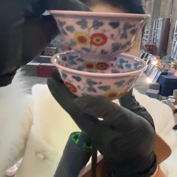 摆件陶景德镇高温陶瓷一对红希希双菊杯