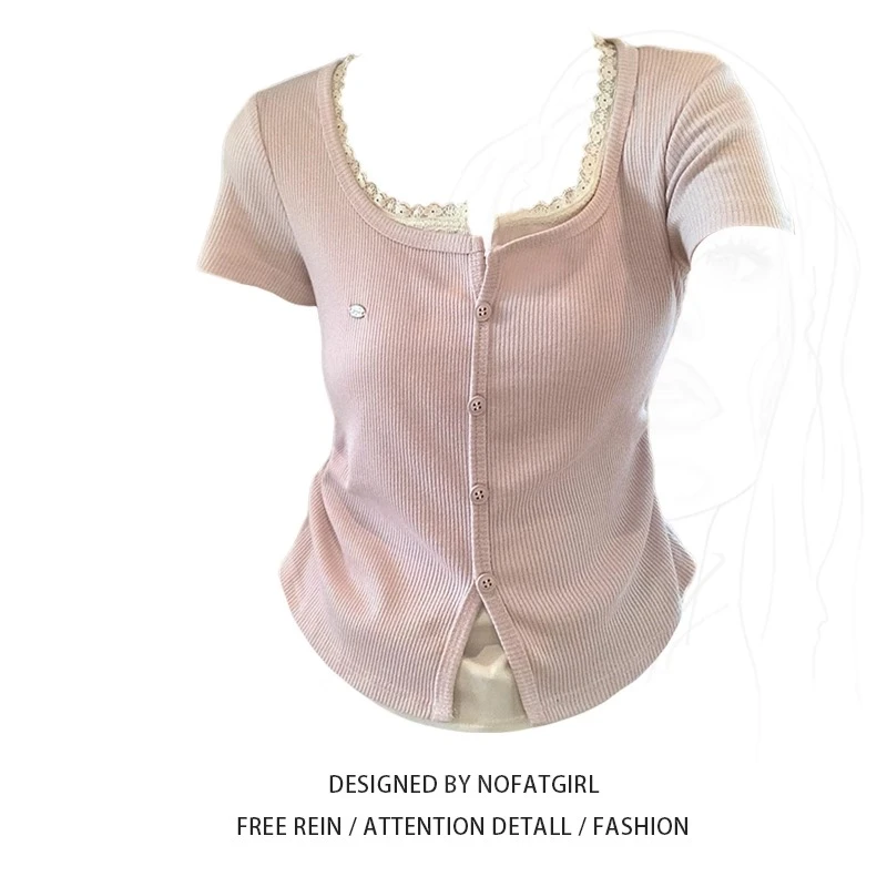 大码胖MM纯欲甜辣假两件蕾丝花边收腰显瘦弧形短袖T恤上衣夏新款