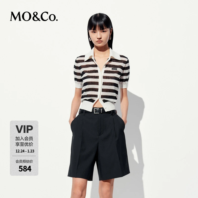 MOCO针织开衫2025夏新品含亚麻POLO领个性织唛短款条纹MBE2CART02