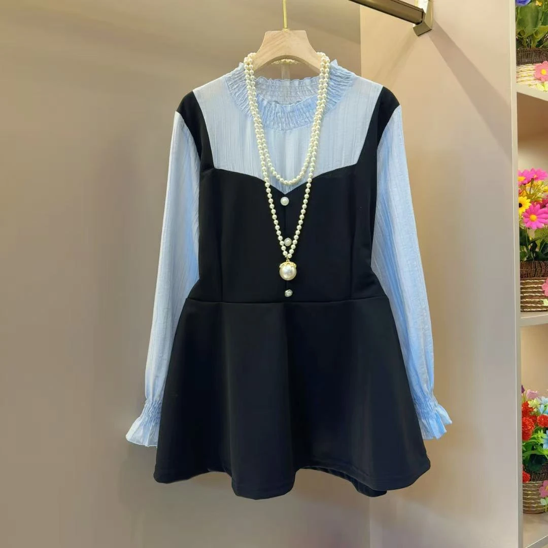 韩版显瘦气质拼接假两件网红超火小衫衣长72左右