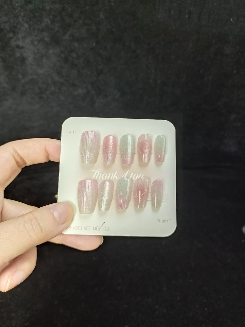 【皓月】粉绿色渐变猫眼中长款穿戴甲2025爆款推荐气质日常穿戴甲片