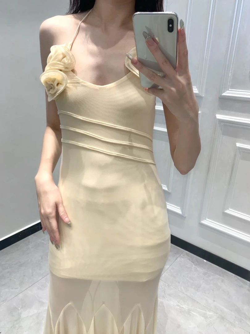 欧美性感挂脖花朵透纱修身裙