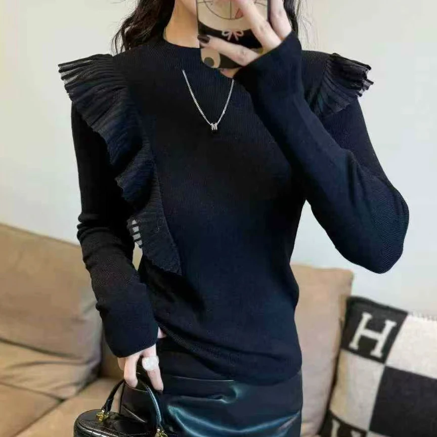 兰兰家上衣针织衫毛针织衫荷叶袖针织毛衣通勤气质款女