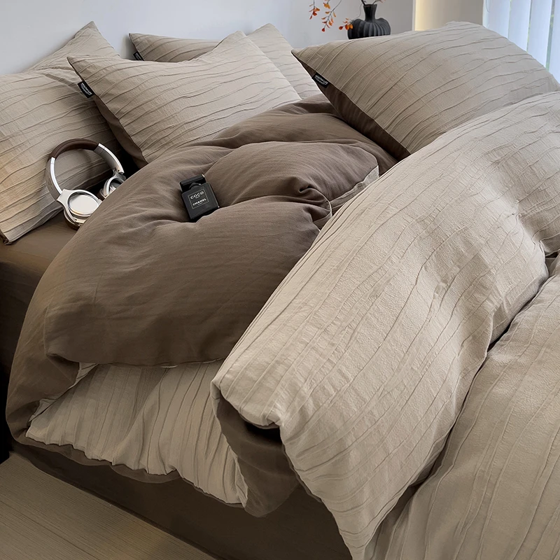新款轻奢皱皱纱纯棉四件套全棉高级感被套床单床上用品三件套家纺