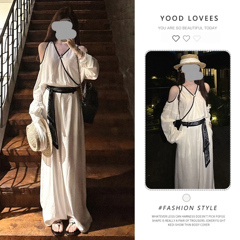 2026夏季新款老钱风百搭休闲露肩长袖V领上衣阔腿拖地裤两件套女