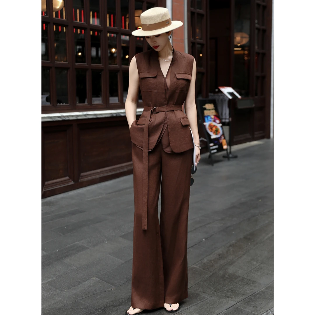今年流行时尚超好看老钱风极简套装咖色高级感亚麻西装马甲阔腿裤