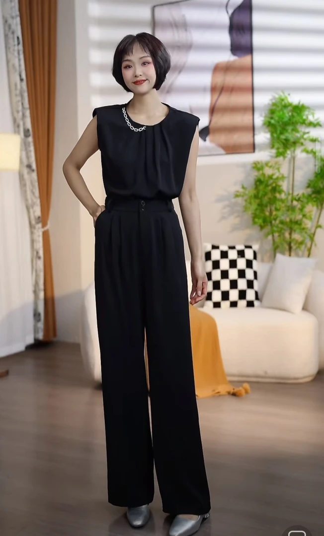 T040夏季时尚气质圆领无袖阔腿裤两件套套裤DM4