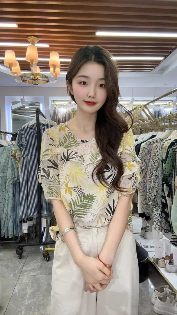 HMY5062501 2025新款设计感荷叶边短袖小衫