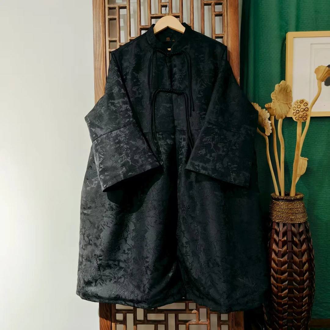 （LS719-3）凤徕兮私人定制黑色立体提花暗纹对襟薄棉服  （棉）