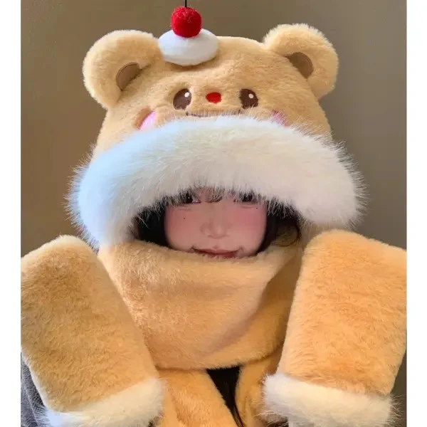 可爱蛋糕小熊帽子围巾手套一体三件套女冬季保暖防寒显脸小护耳jp