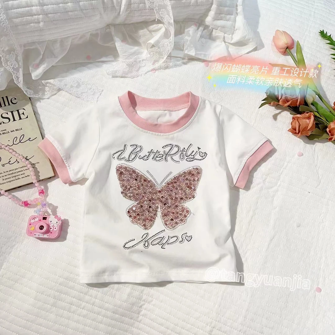 汤圆家童装2025夏季新款爆闪蝴蝶亮片百搭甜美T恤 YA-1602