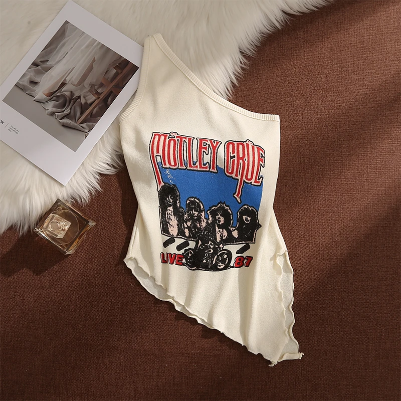 美式斜肩印花挂脖吊带背心女夏季外穿性感不规则开叉露肩无袖上衣