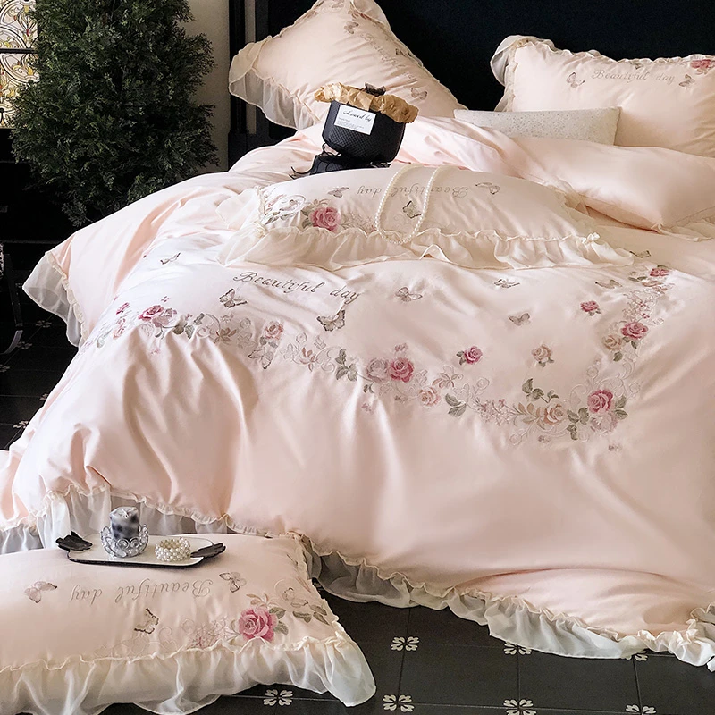 喜兹 春溪 全棉四件套 轻奢进口重工高精密刺绣蕾丝大花边床品