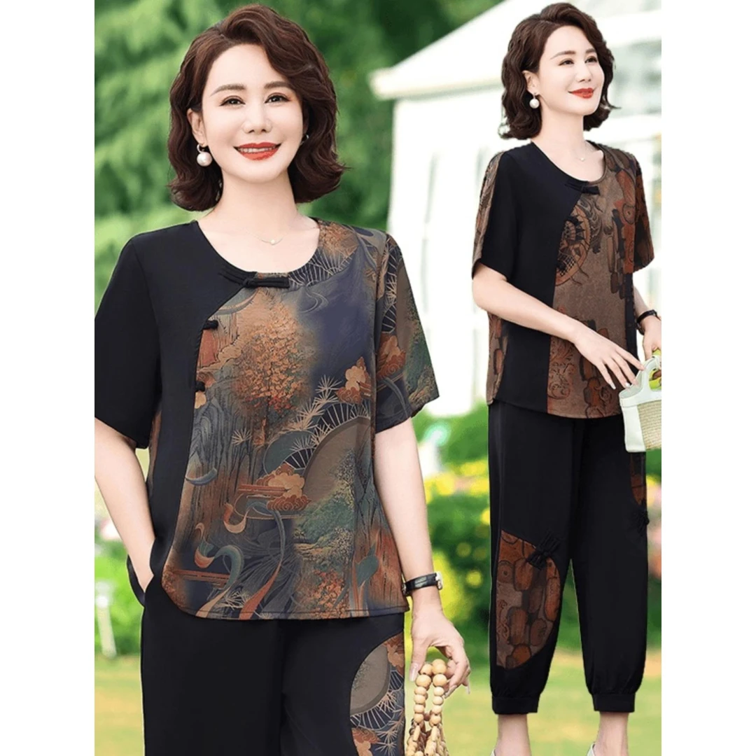2025新款中老年人女装母亲节妈妈夏装短袖套装洋气时尚大码两件套