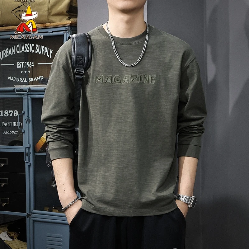 Mexican/稻草人春秋新款美式长袖t恤男宽松ins痞帅休闲纯棉体恤潮