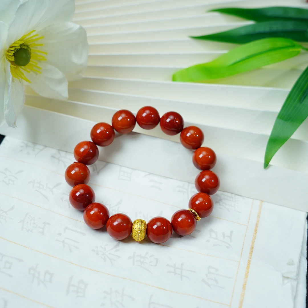 Gloire/古名【睿泽鉴宝】S925瓦西南红火焰纹圆珠手串 12mm JQQ0014