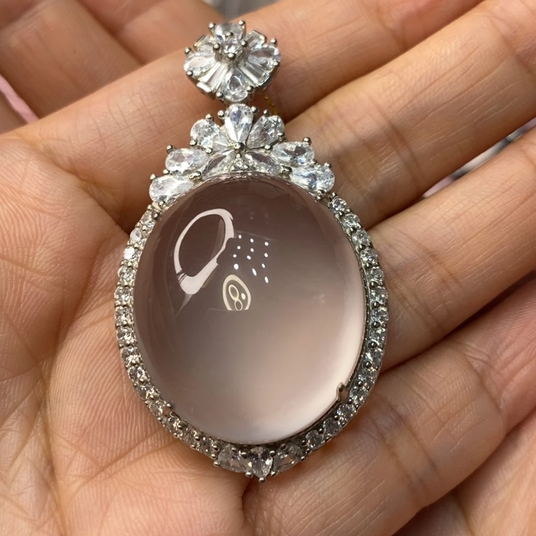 大***山石英质玉银S925镶嵌吊坠